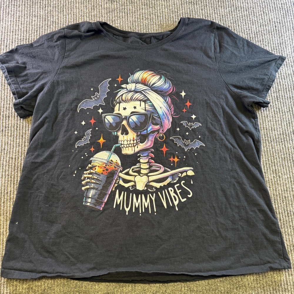 Skull Graphic T Shirt Womens 2X Black Mummy Vibes Halloween Cotton Tee